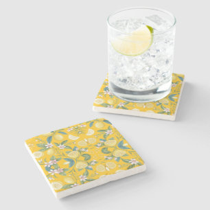Fresh Lemon Floral Botanical Pattern Stone Coaster