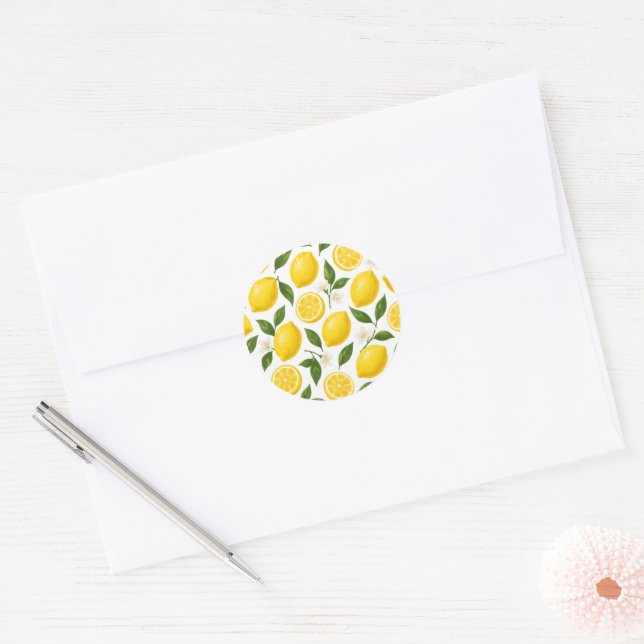 Fresh Lemon Pattern with Leaves & Blossoms Classic Round Sticker (Envelope)