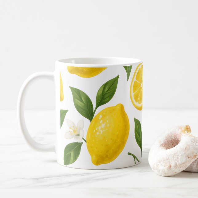 Fresh Lemon Pattern with Leaves & Blossoms  Coffee Mug (With Donut)