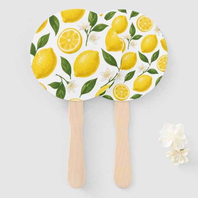 Fresh Lemon Pattern with Leaves & Blossoms  Hand Fan (Front and Back)