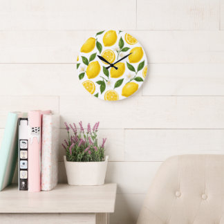 Fresh Lemon Pattern with Leaves & Blossoms Large Clock