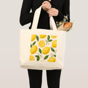 Fresh Lemon Pattern with Leaves & Blossoms Large Tote Bag