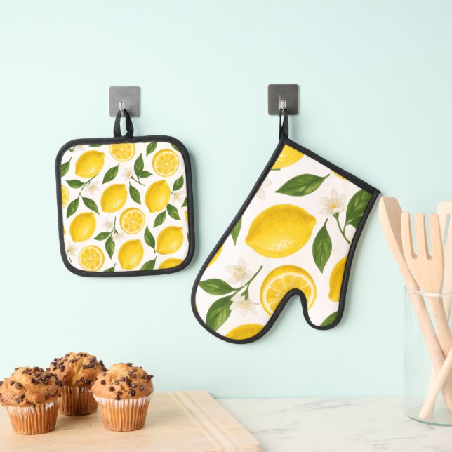 Fresh Lemon Pattern with Leaves & Blossoms  Oven Mitt & Pot Holder Set (Insitu(Hanging))