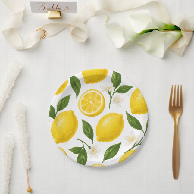 Fresh Lemon Pattern with Leaves & Blossoms  Paper Plate (Wedding)