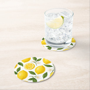 Fresh Lemon Pattern with Leaves & Blossoms Round Paper Coaster