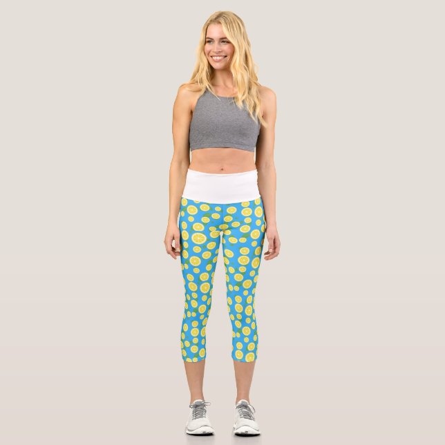 Fresh Lemon Slice Blue Summer High Waisted Capris (Front)