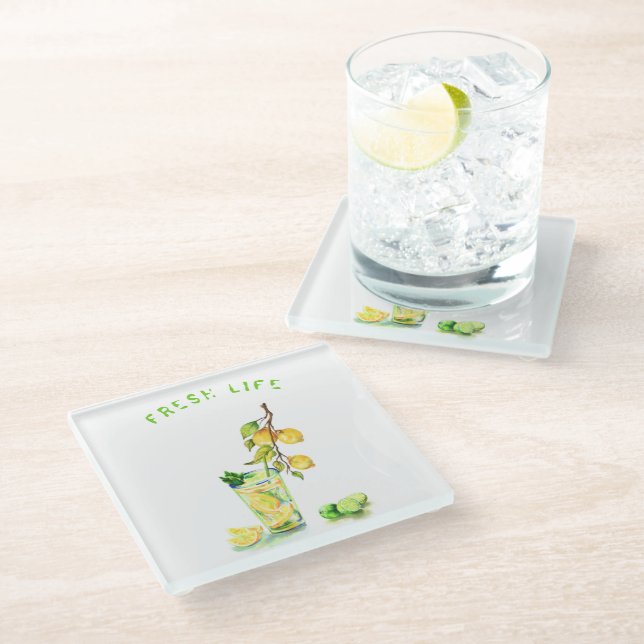 Fresh Lemons Cool Drink Glass Coaster Custom Text (Angled)