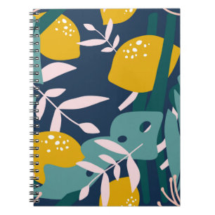 Fresh lemons, leaves background. Hand drawn overla Notebook
