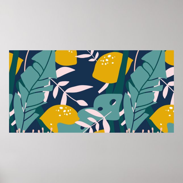 Fresh lemons, leaves background. Hand drawn overla Poster (Front)