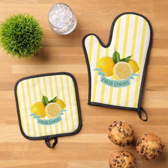 Fresh Lemons & Yellow Stripes Oven Mitt & Pot Holder Set (Top Down)
