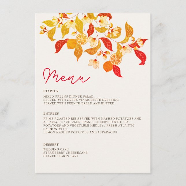 Fresh Lemony Love Citrus Foliage Wedding Menu (Front)