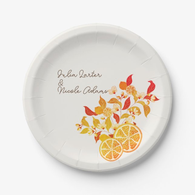 Fresh Lemony Love Citrus Foliage Wedding Paper Plate (Front)