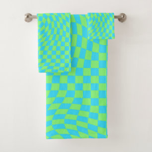 Fresh Light Blue & Green Warped Checkered Pattern Bath Towel Set