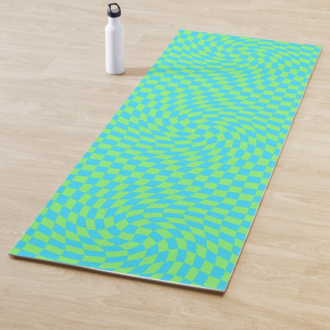 Fresh Light Blue & Green Warped Chequered Pattern  Yoga Mat (In Situ)