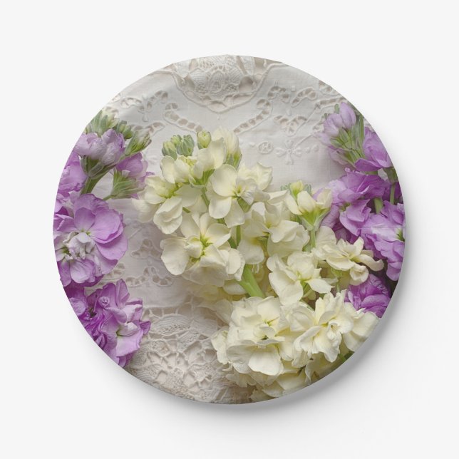 Fresh lilacs on old lace paper plate (Front)