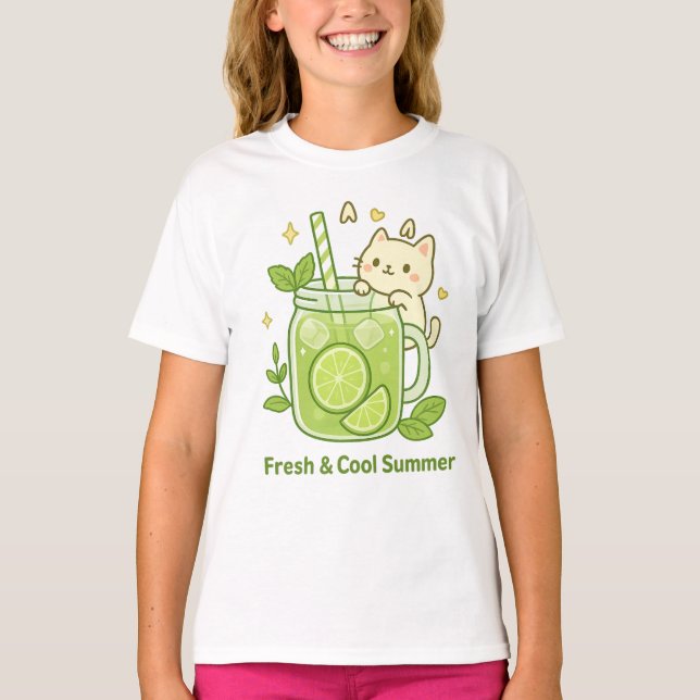  Fresh Lime Juice & Cute Cat Kawaii Design T-Shirt (Front)