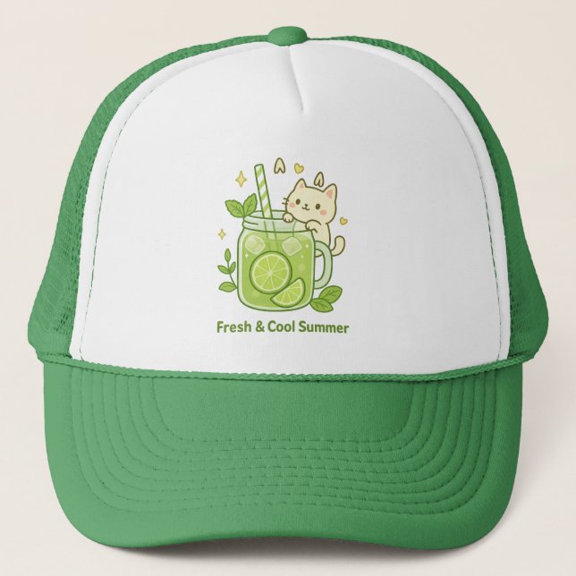  Fresh Lime Juice & Cute Cat Kawaii Design Trucker Hat (Front)