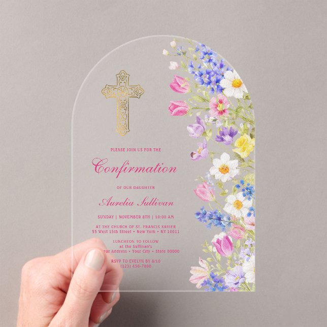 Fresh Meadow Flowers Arch Confirmation Acrylic Invitations (Insitu (Handheld))