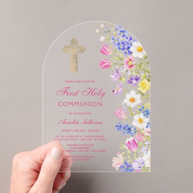 Fresh Meadow Flowers Arch First Communion Acrylic Invitations (Insitu (Handheld))