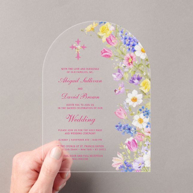 Fresh Meadow Flowers Arch Religious Wedding Acrylic Invitations (Insitu (Handheld))