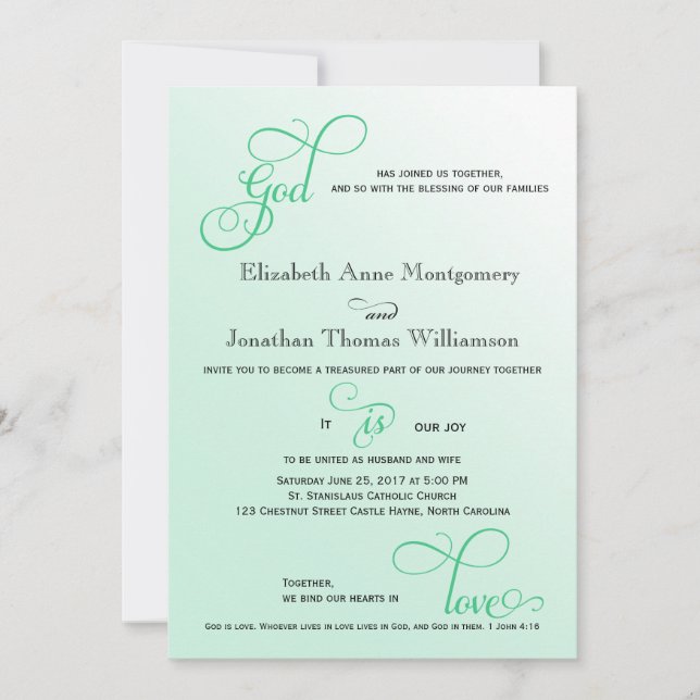 Fresh Mint Script God is Love Christian Wedding Invitation (Front)