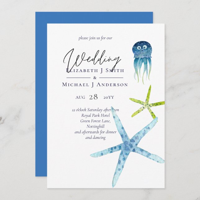 Fresh Modern Beach Ocean Life Wedding Invitations (Front/Back)