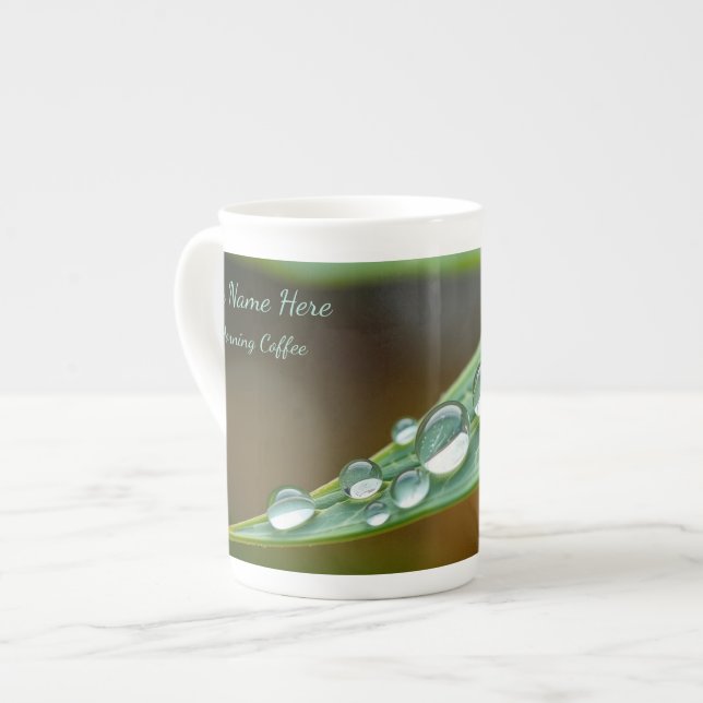 Fresh Morning Dew Macro Detail Personalised Bone China Mug (Front Left)