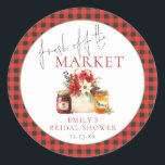 Fresh Off Market Red Green Gingham Bridal Shower Classic Round Sticker<br><div class="desc">Fresh Off The Market Red Green Gingham Christmas Bridal Shower. With a tote bag with poinsettias and jam and honey festivie Watercolor illustration. The words “fresh off the” are in a modern set script and easily personalise name,  occasion and date</div>