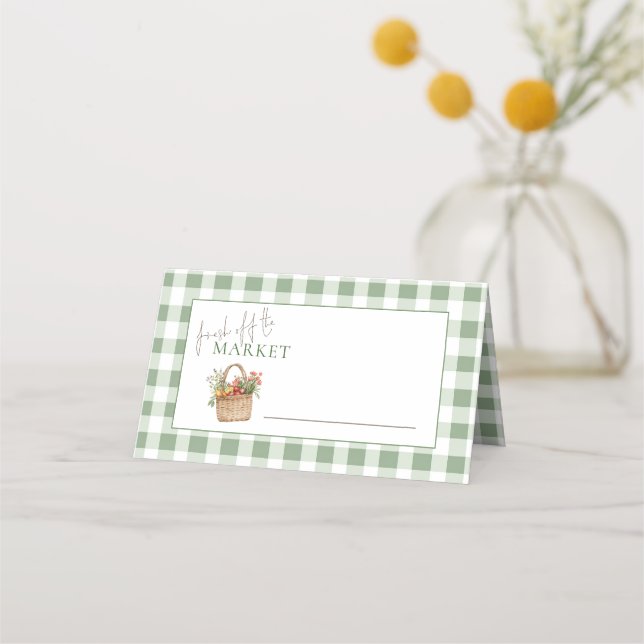 Fresh off Market Sage Gingham Bridal Shower  Place Card (Front)