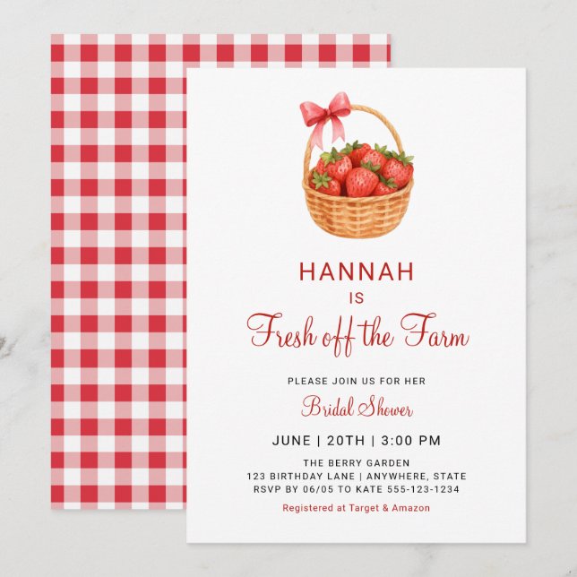 Fresh Off The Farm Strawberry Bow Bridal Shower Invitation (Front/Back)