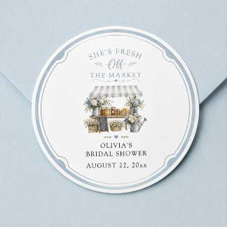 Fresh Off The Market Bridal Shower Blue And White Classic Round Sticker