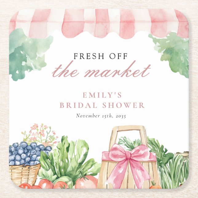 Fresh Off The Market Bridal Shower Square Paper Coaster (Front)