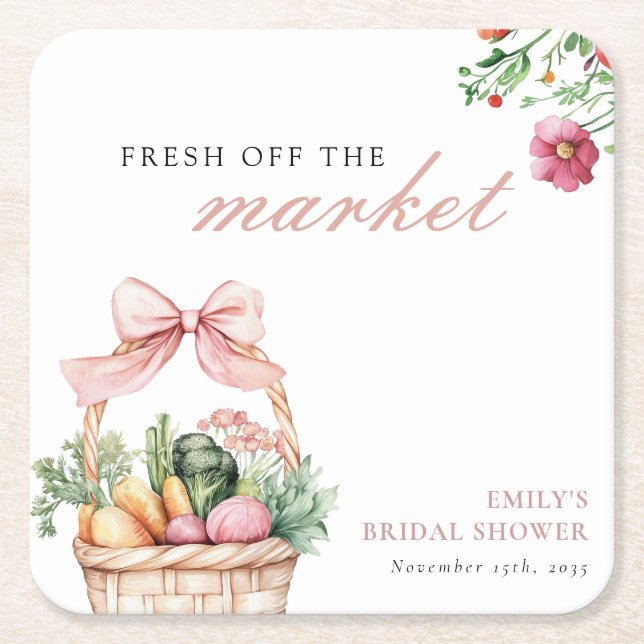 Fresh Off The Market Bridal Shower Square Paper Coaster (Front)