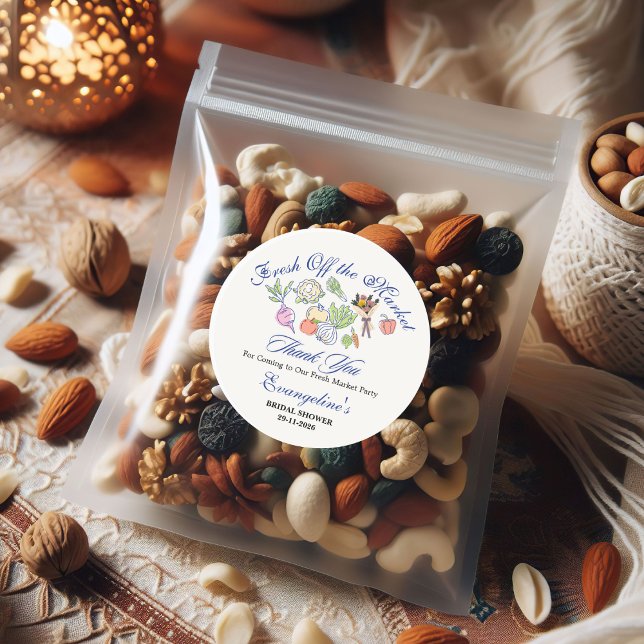 Fresh Off the Market Bridal Shower Whimsical  Classic Round Sticker (Fresh Off the Market Bridal Shower Whimsical Classic Round Sticker)