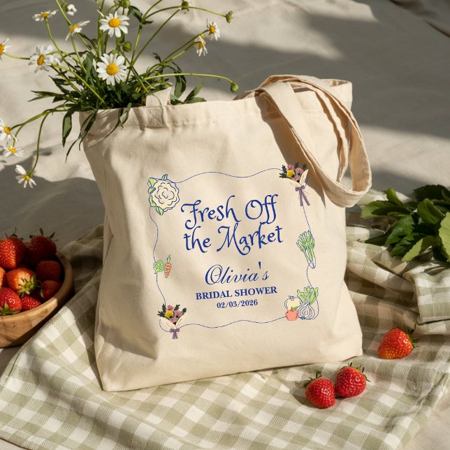 Fresh Off the Market Bridal Shower Whimsical  Tote Bag (fresh off the market bridal shower gifts, fruits and vegetables whimsical quirky rustic garden bride)