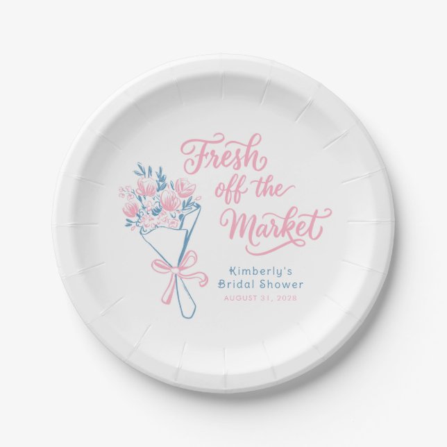 Fresh Off The Market Dusty Blue Pink Bridal Shower Paper Plate (Front)