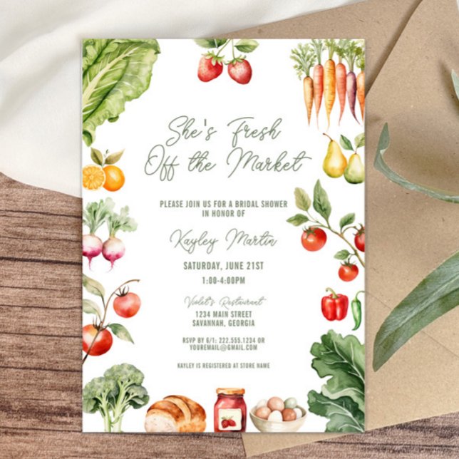 Fresh off the Market Farmer's Market Bridal Shower Invitation (She’s fresh off the market! rustic farmer’s market bridal shower invitation, vegetables, fruits)