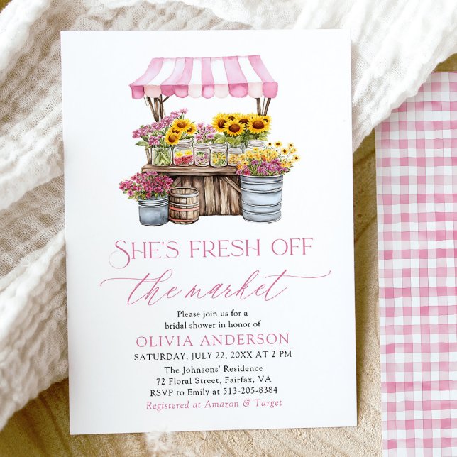 Fresh Off The Market Farmers Market Bridal Shower Invitation (Modern Watercolor Pink Gingham Fresh Off The Market Farmers Market Bridal Shower Invitation)