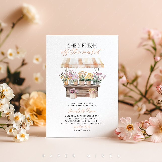 Fresh off the Market Flower Market Bridal Shower Invitation (She's Fresh off The Market! Peach Flower Stand Farmer's Market Bridal Shower Invitation)