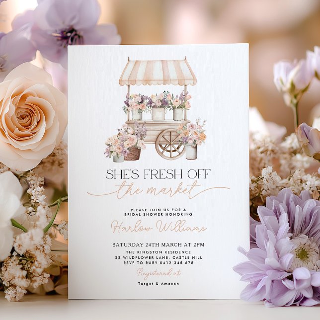 Fresh off the Market Flower Peach Bridal Shower Invitation (She's fresh off the market! Bridal Shower Flower Cart invitation)
