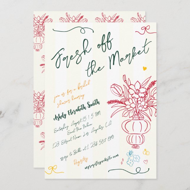 Fresh Off The Market Fun Hand Drawn Bridal Shower Invitation (Front/Back)