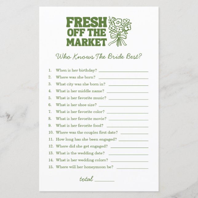 Fresh Off The Market Green Bridal Shower Games (Front)