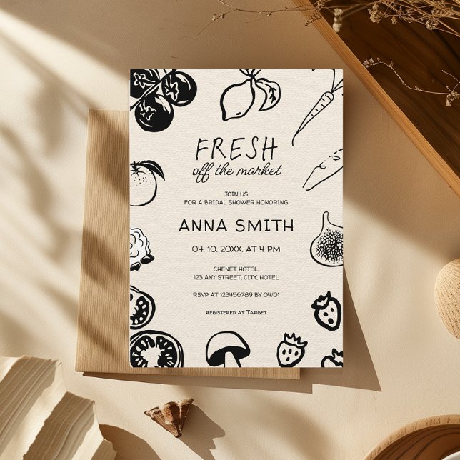 Fresh Off The Market Hand Drawn Bridal Shower Invitation (Hand drawn Fresh off the market Bridal Shower Theme Farmer's Market Vegetables Fruit Outdoor Brunch)