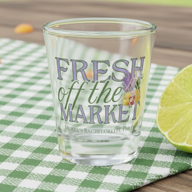 Fresh Off the Market – Personalised Modern Bridal Shot Glass (Celebrate your newly-engaged status in style with this elegant “Fresh Off the Market” design!)