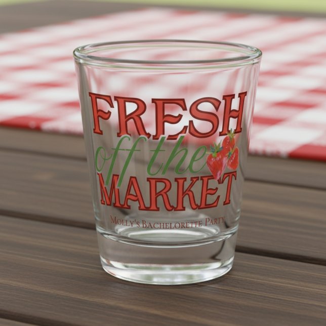 Fresh Off the Market – Personalised Modern Bridal Shot Glass (Celebrate your newly-engaged status in style with this elegant “Fresh Off the Market” design!)