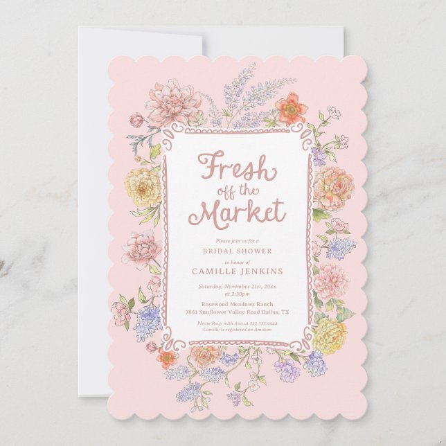 Fresh off the Market Pink Floral Bridal Shower Invitation (Front)