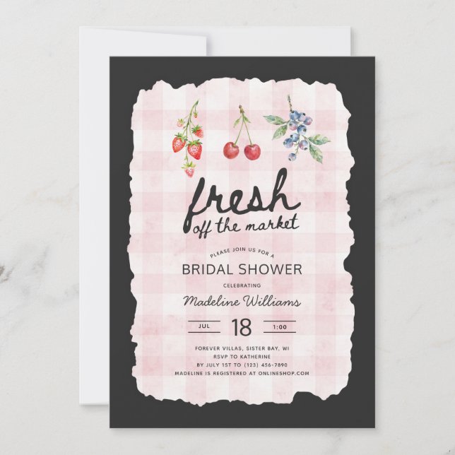 Fresh Off the Market Pink Gingam Bridal Shower Invitation (Front)