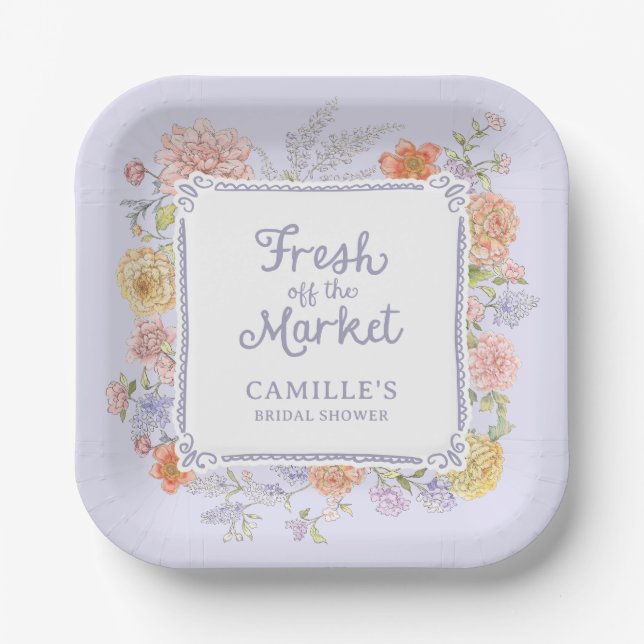 Fresh off the Market Purple Floral Bridal Shower  Paper Plate (Front)
