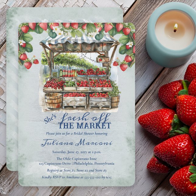 Fresh Off The Market Strawberries Bridal Shower Invitation (Fresh Off the Market Strawberries Farmer's Fruit Stand Distressed Blue Bridal Shower Invitation)
