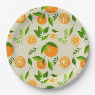 Fresh oranges with flowers and leaves paper plate